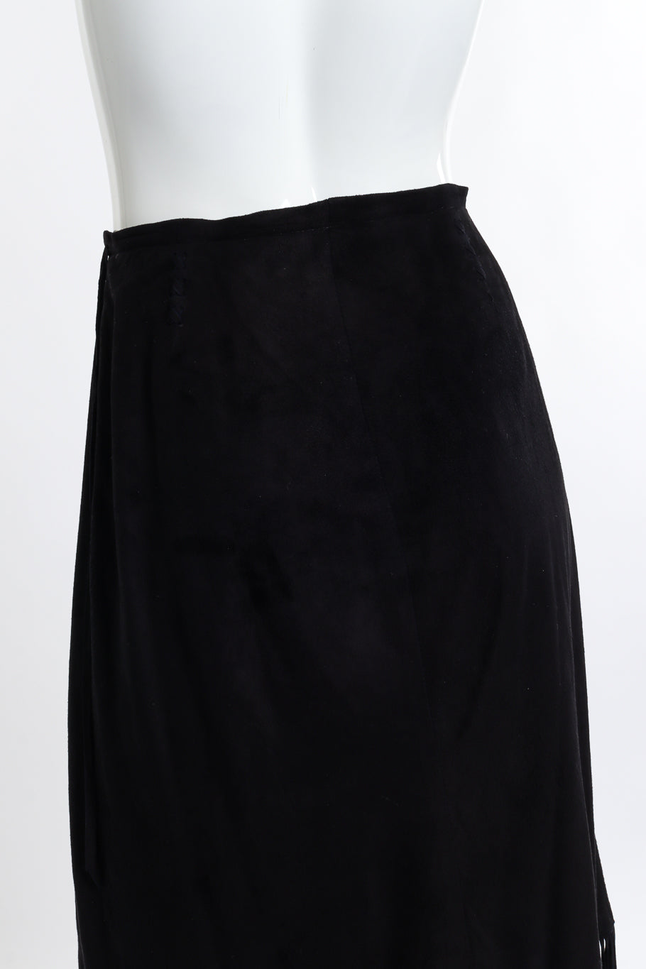 Vintage Char & Sher Microsuede Fringe Wrap Skirt back on mannequin closeup @recess la