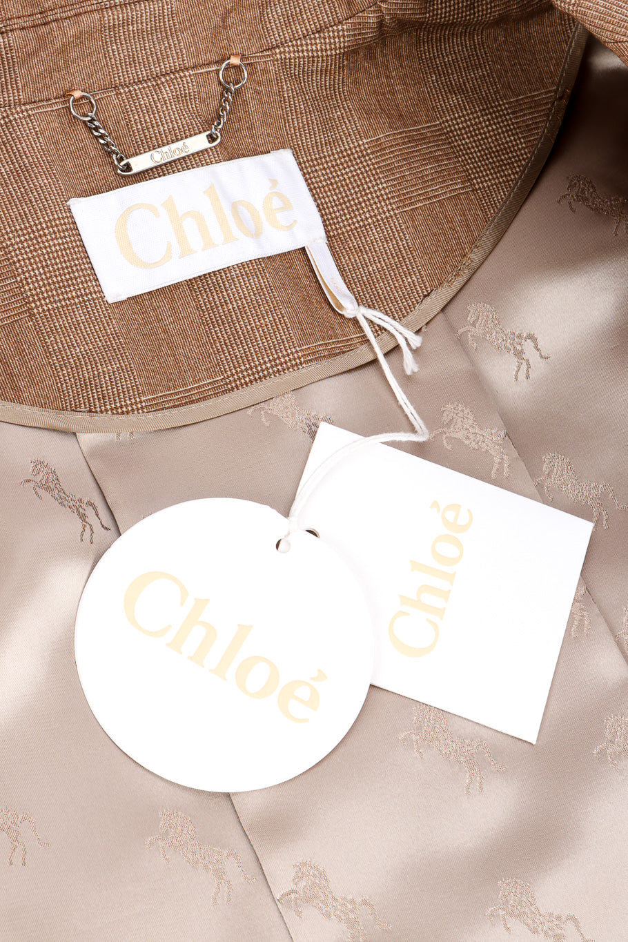 Chloé Equin Print Plaid Trench Coat signature label with originals tags closeup @recessla