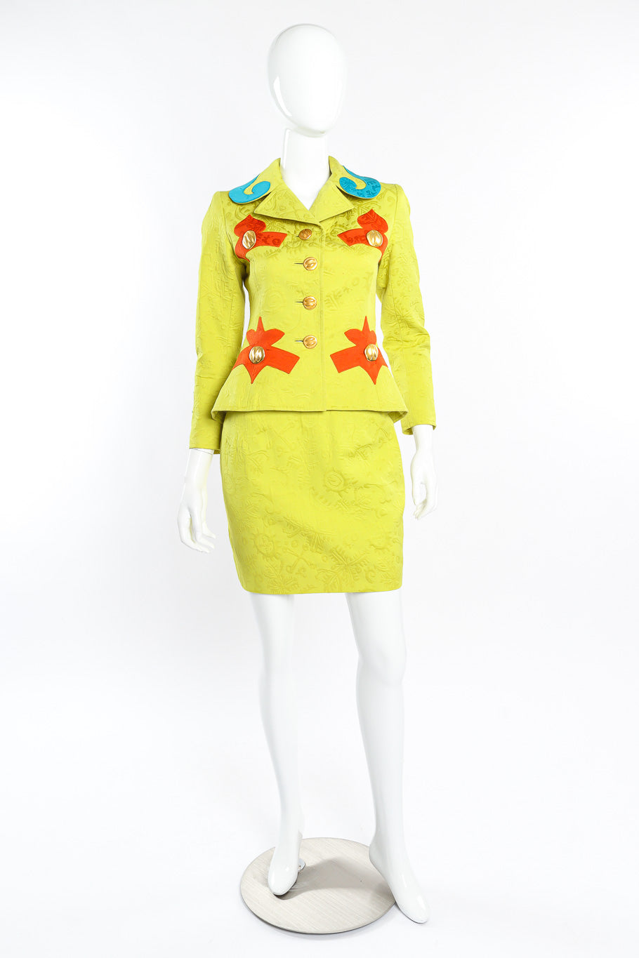 Vintage Christian Lacroix Appliqué Peplum Jacket & Skirt Set front view on mannequin @Recessla