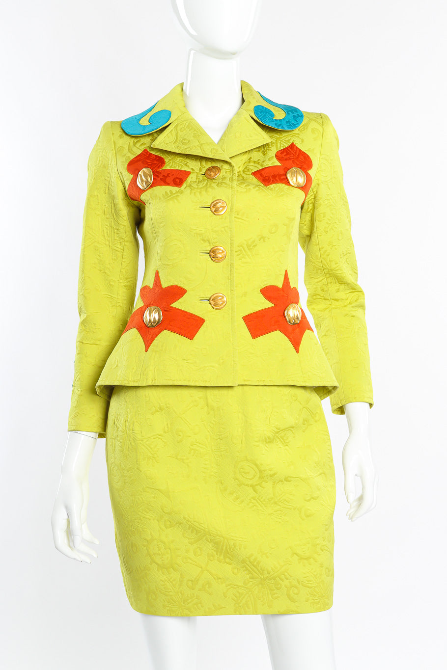 Vintage Christian Lacroix Appliqué Peplum Jacket & Skirt Set front view on mannequin @recessla