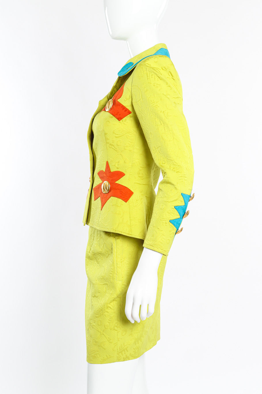 Vintage Christian Lacroix Appliqué Peplum Jacket & Skirt Set side view on mannequin @Recessla