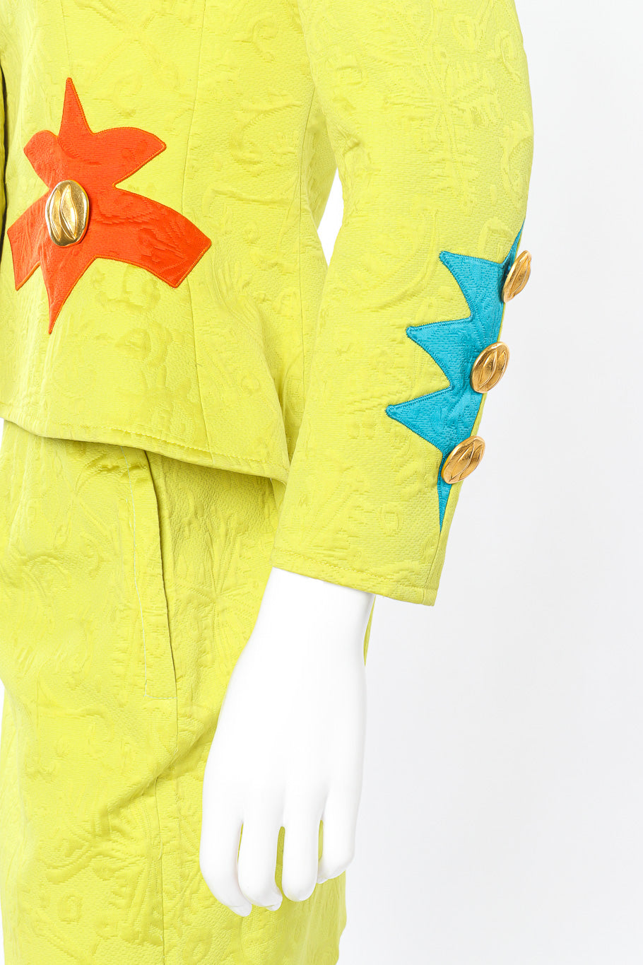 Vintage Christian Lacroix Appliqué Peplum Jacket & Skirt Set sleeve closeup on mannequin @Recessla