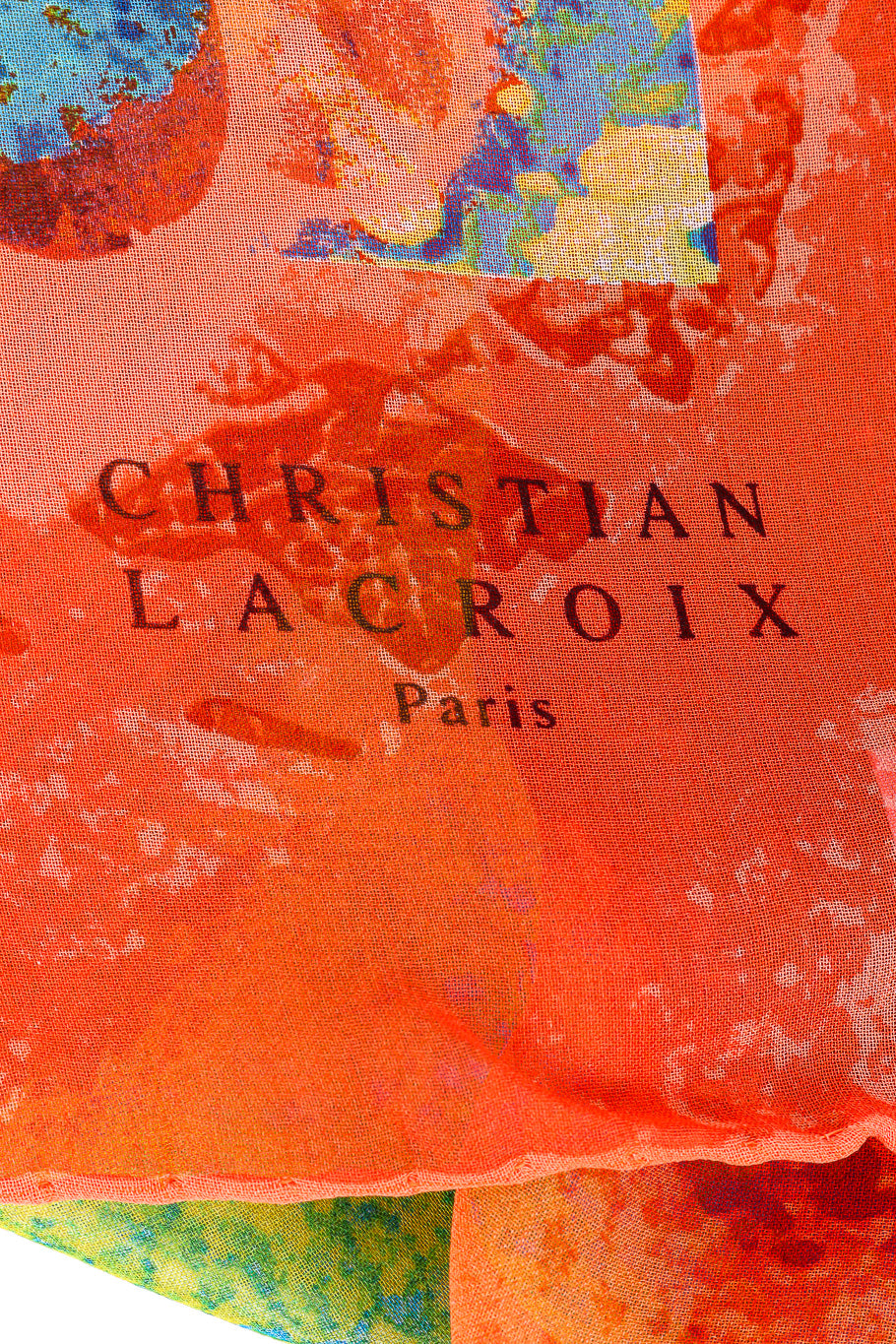 Vintage Christian Lacroix Abstract Print Silk Scarf signature closeup @Recessla