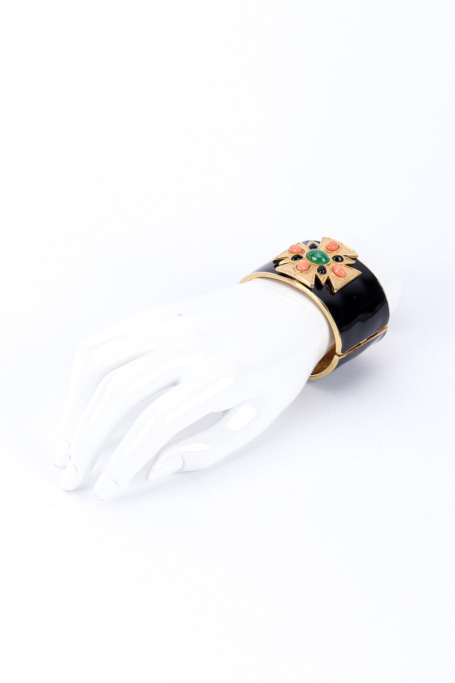 Maltese cross cuff bracelet by Ciner on white background on mannequin hand @recessla