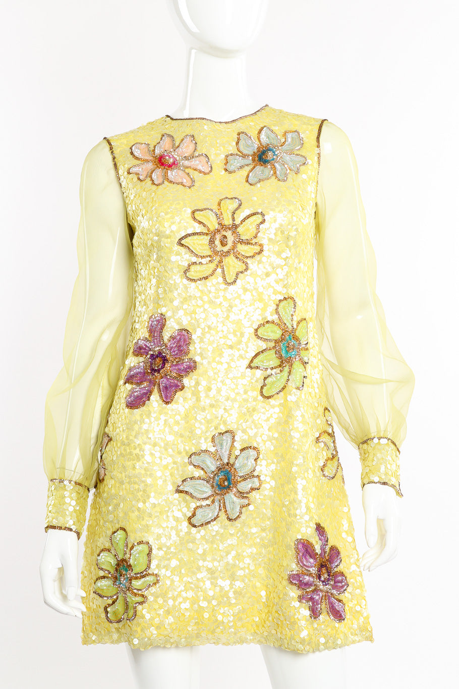 Vintage Courlande Silk Organza Flower Sequin Dress front view on mannequin closeup @Recessla