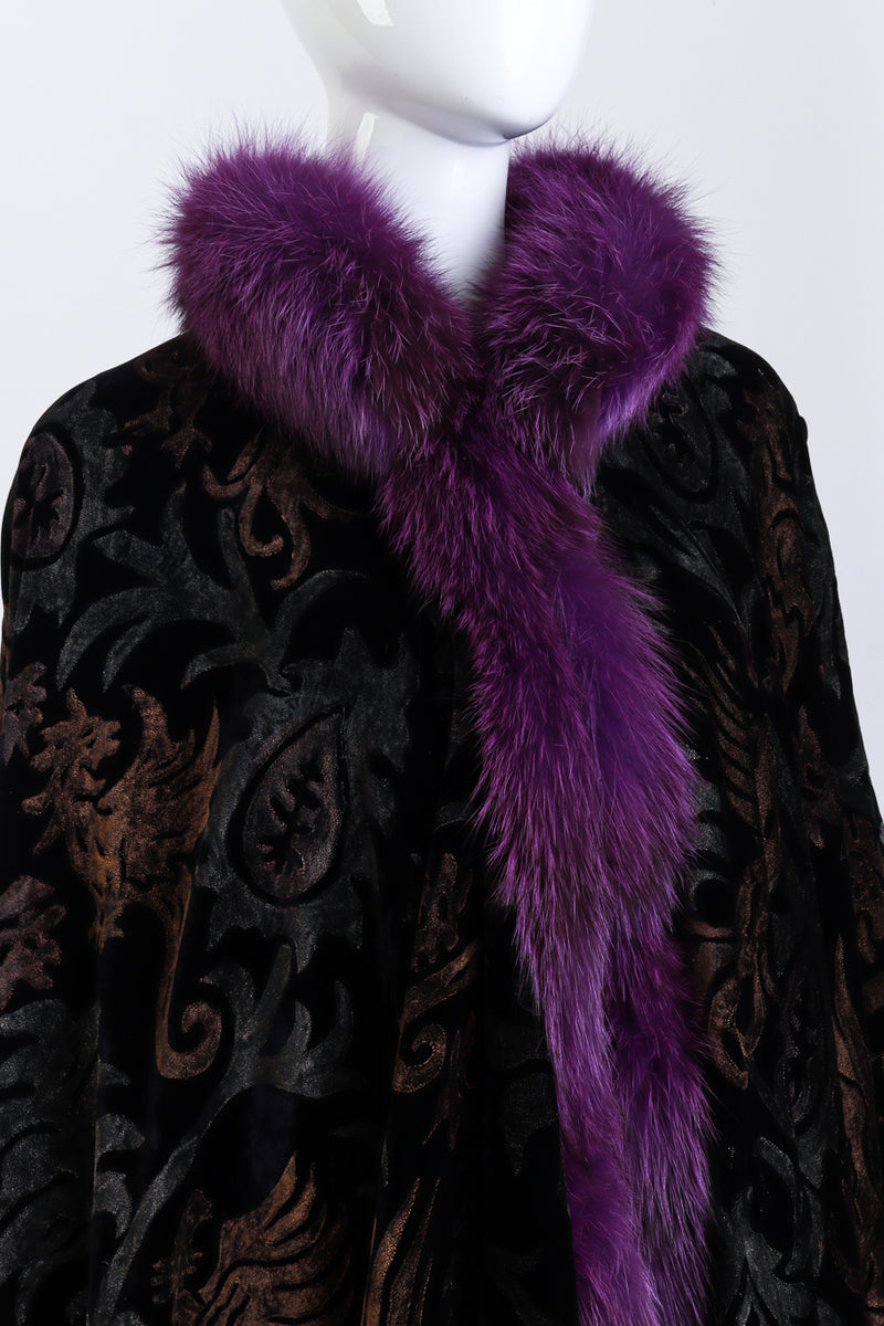 Vintage Velvet Brocade Fox Fur Cape front on mannequin closeup @recess la