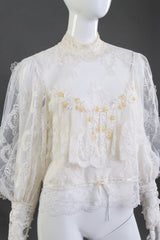 Vintage Caroline Ingham-Rhodes Beaded Floral Lace Blouse front on mannequin closeup @recess la