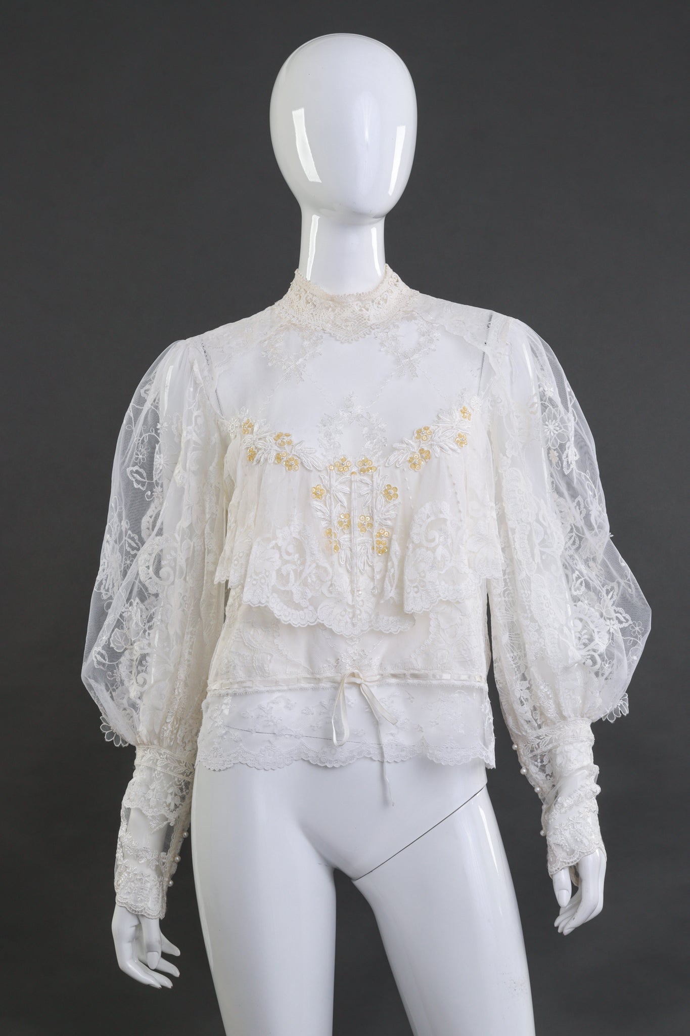 Vintage Caroline Ingham-Rhodes Beaded Floral Lace Blouse front on mannequin @recess la