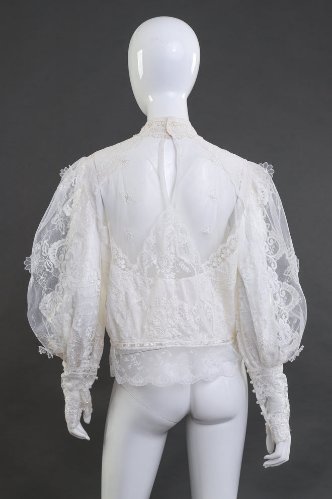 Vintage Caroline Ingham-Rhodes Beaded Floral Lace Blouse back on mannequin @recess la