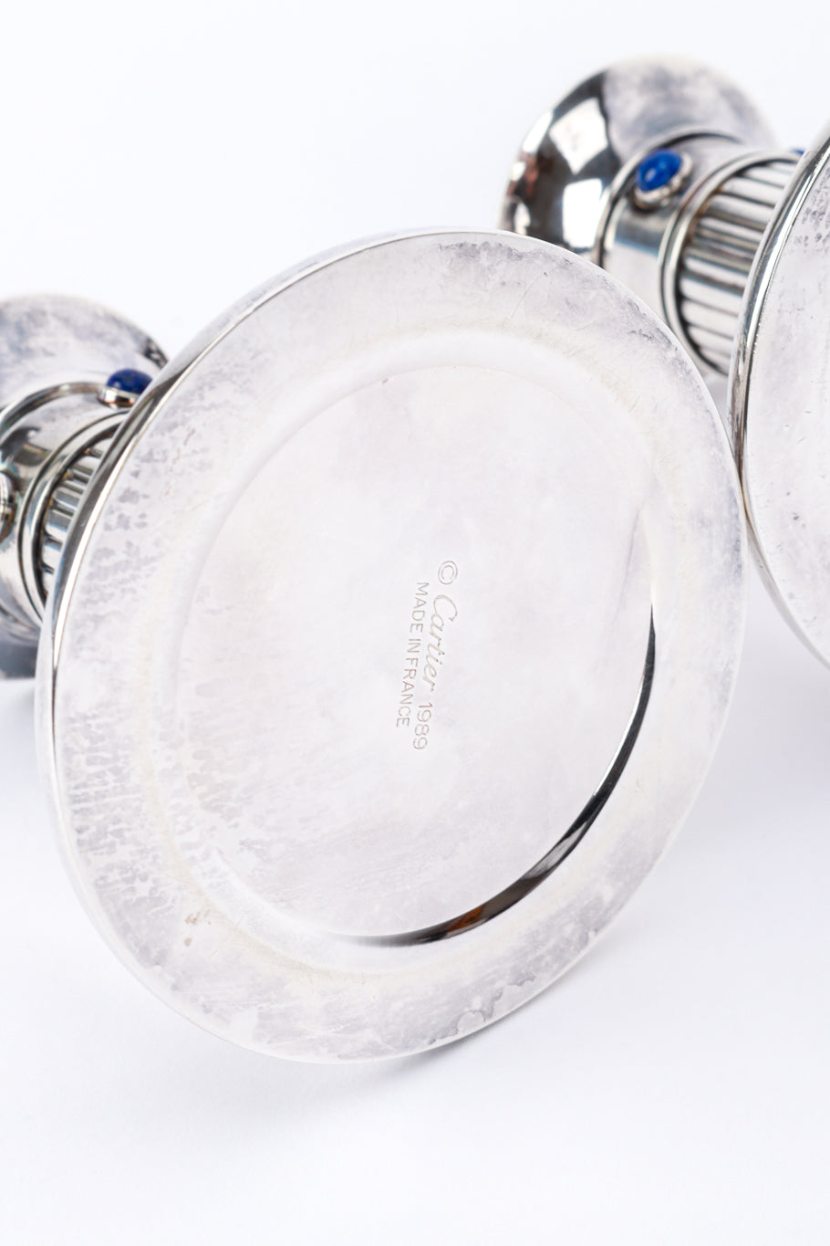 Vintage Cartier Pair of Silver Plated Lapis Candle Holders bottom signature closeup @recess la