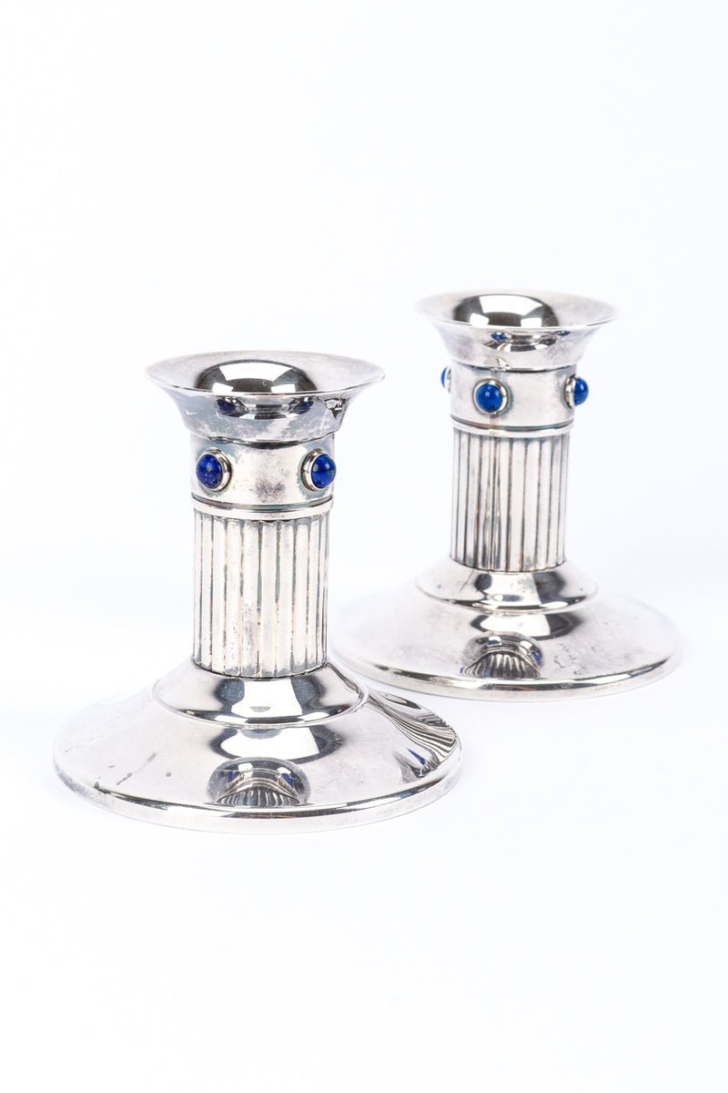 Vintage Cartier Pair of Silver Plated Lapis Candle Holders front @recess la