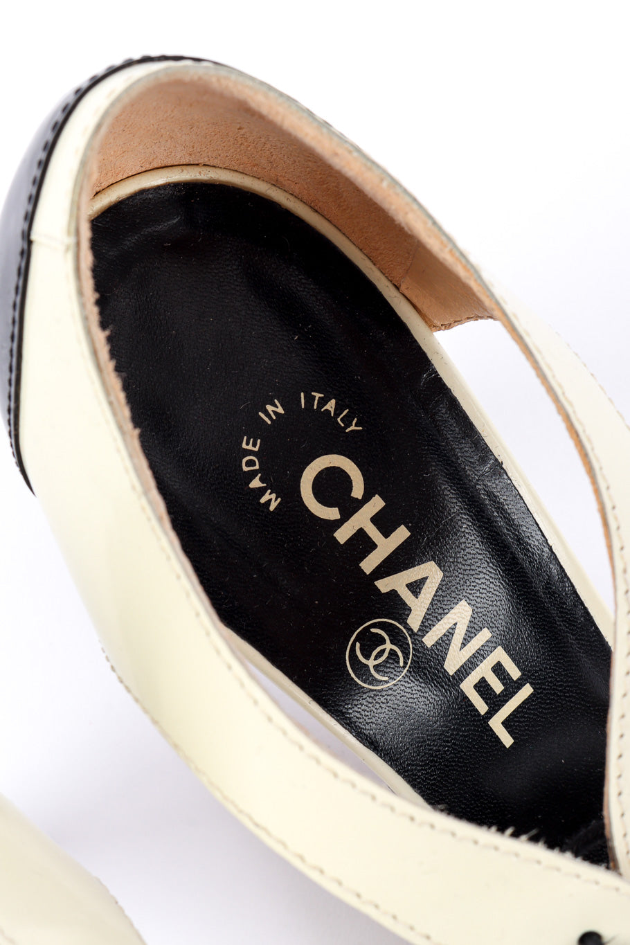 Vintage Chanel Lace Up Heels signature on inner sole closeup @recessla