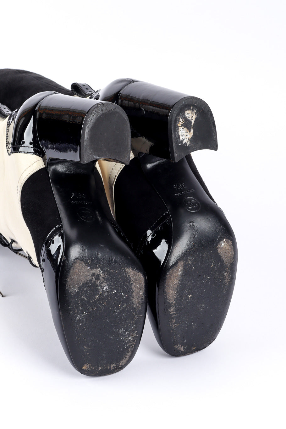 2018 Patent & Lambskin Pearl Lace Up Boots by Chanel on white background soles scuff @recessla