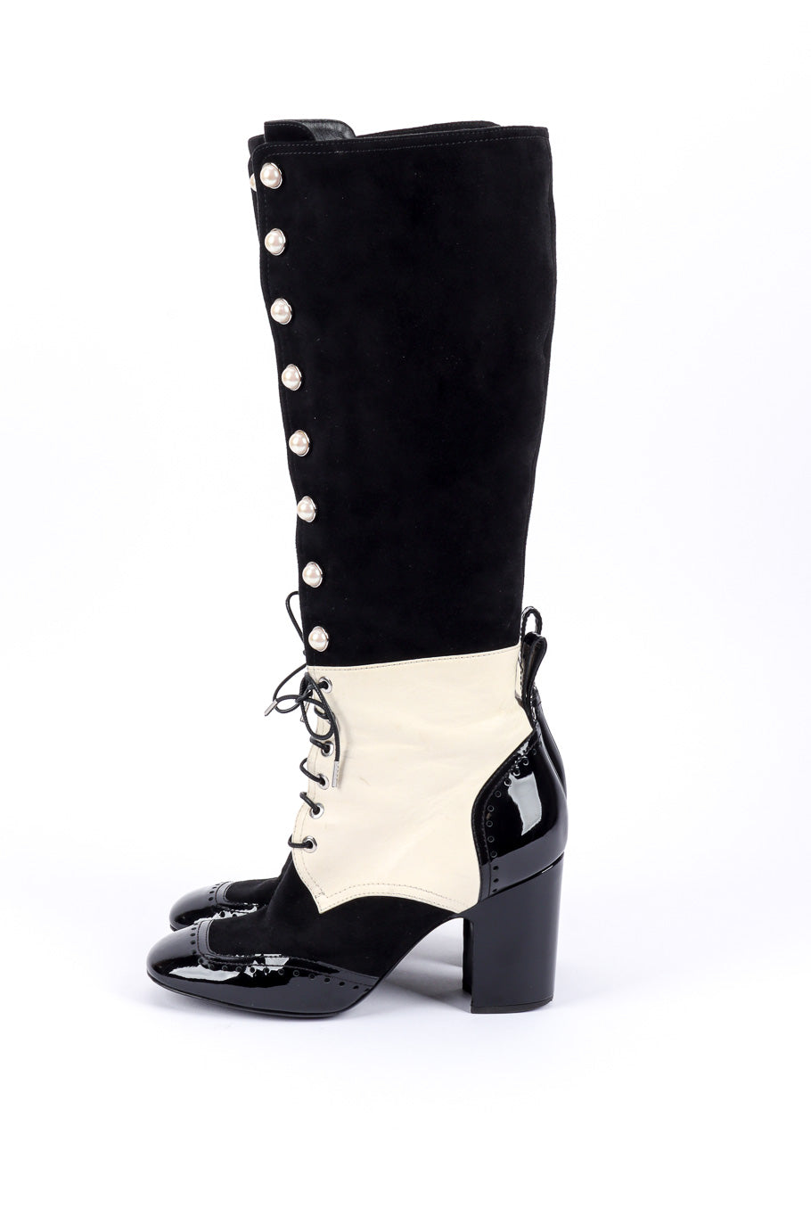 2018 Patent & Lambskin Pearl Lace Up Boots by Chanel on white background facing left @recessla