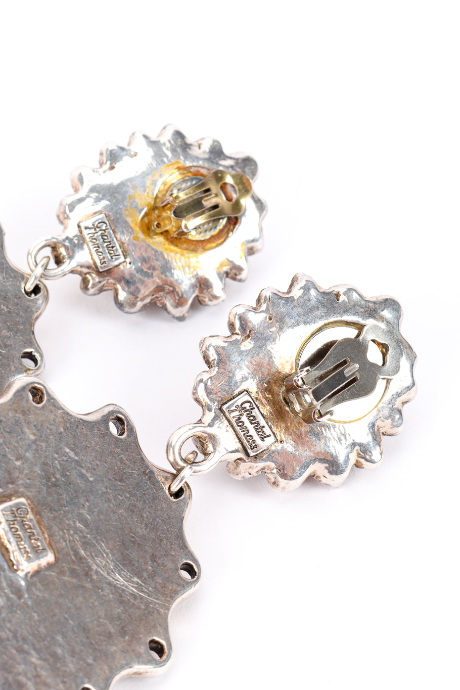 Vintage Chantal Thomass Seashell Drop Earrings cartouche closeup with tarnish @recessla