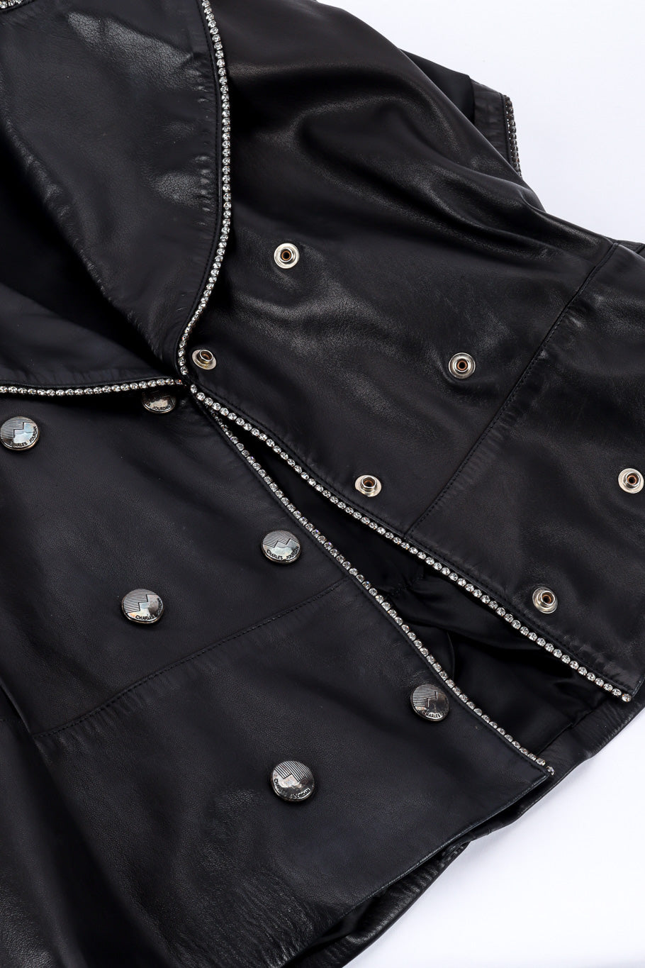 Vintage Charles Jourdan Leather Rhinestone Jacket button closure closeup @recessla