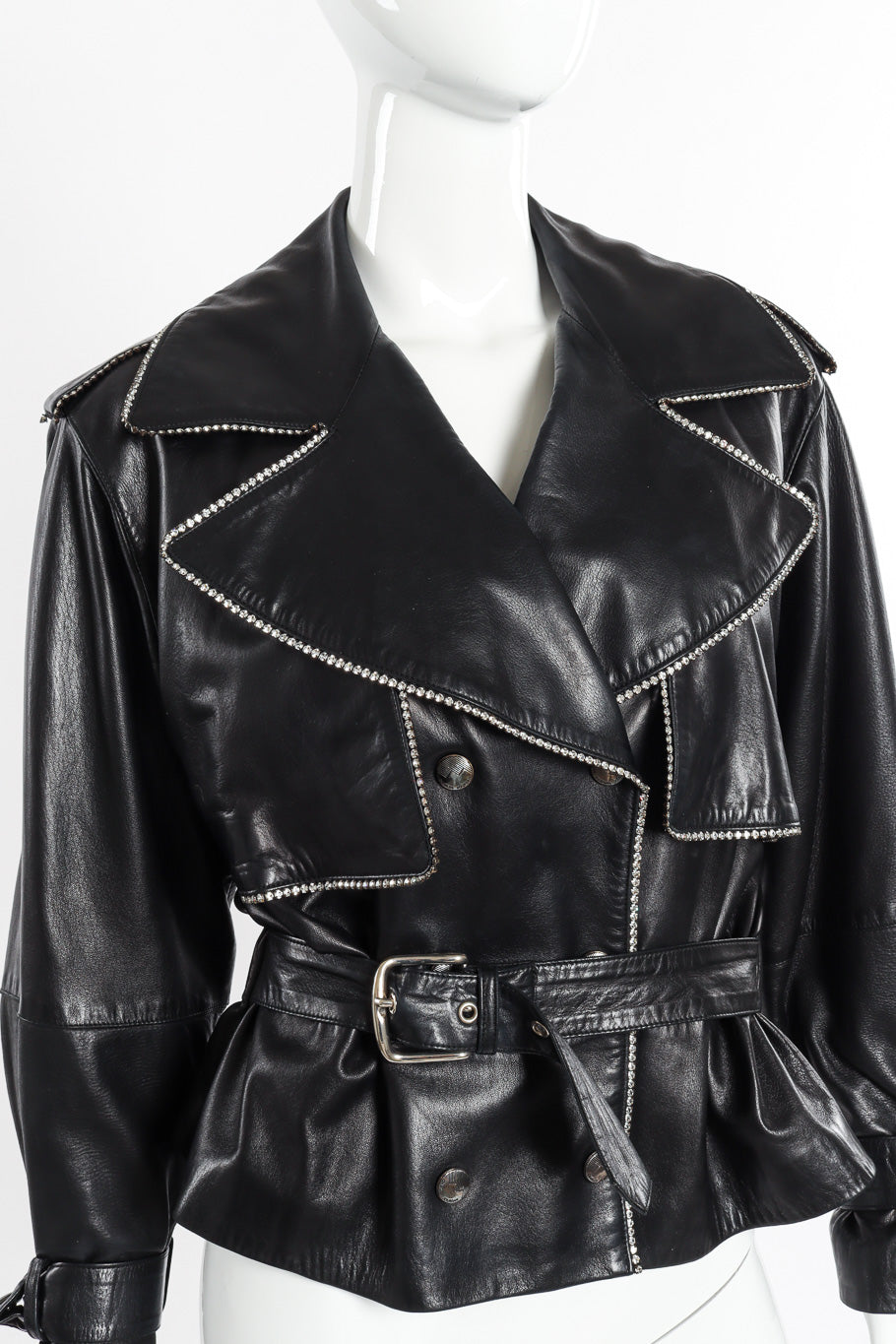 Vintage Charles Jourdan Leather Rhinestone Jacket front on mannequin closeup @recessla