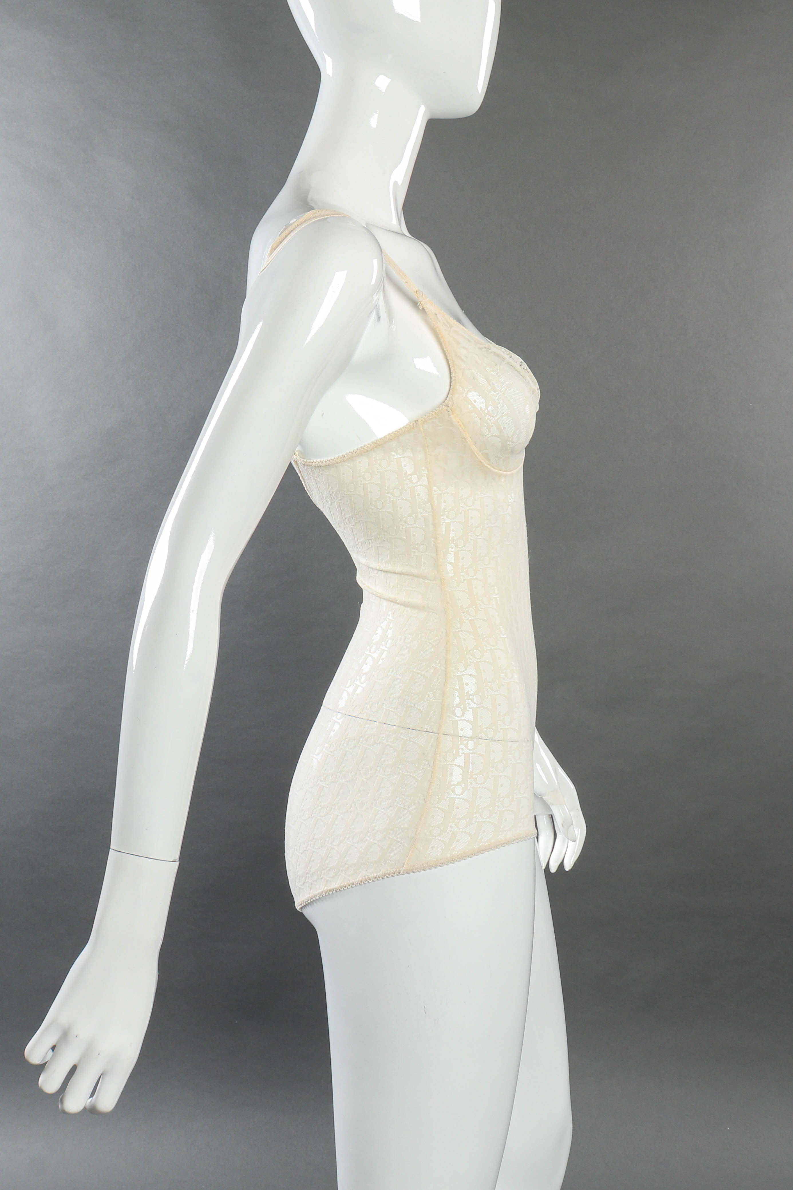 Vintage Dior Mesh Monogram Bodysuit side on mannequin @recessla