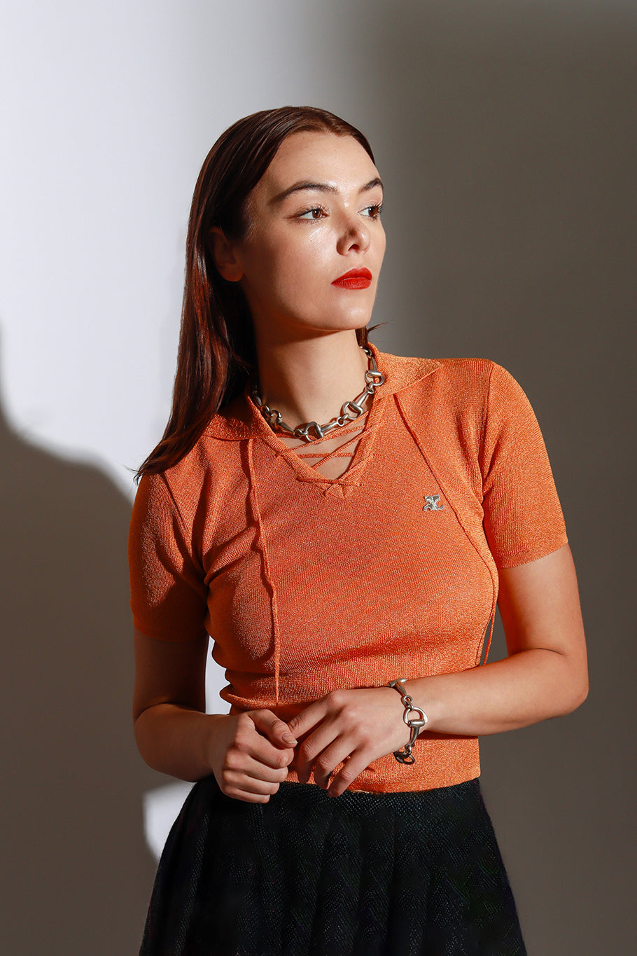 Courréges Lace Up Knit Polo Top on model @recess la