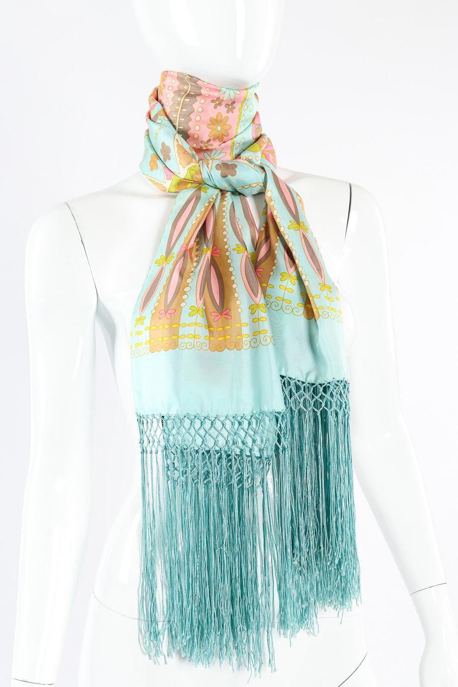 Creazione Serica Lariana bright floral fringe shawl wrapped around mannequins neck @recessla