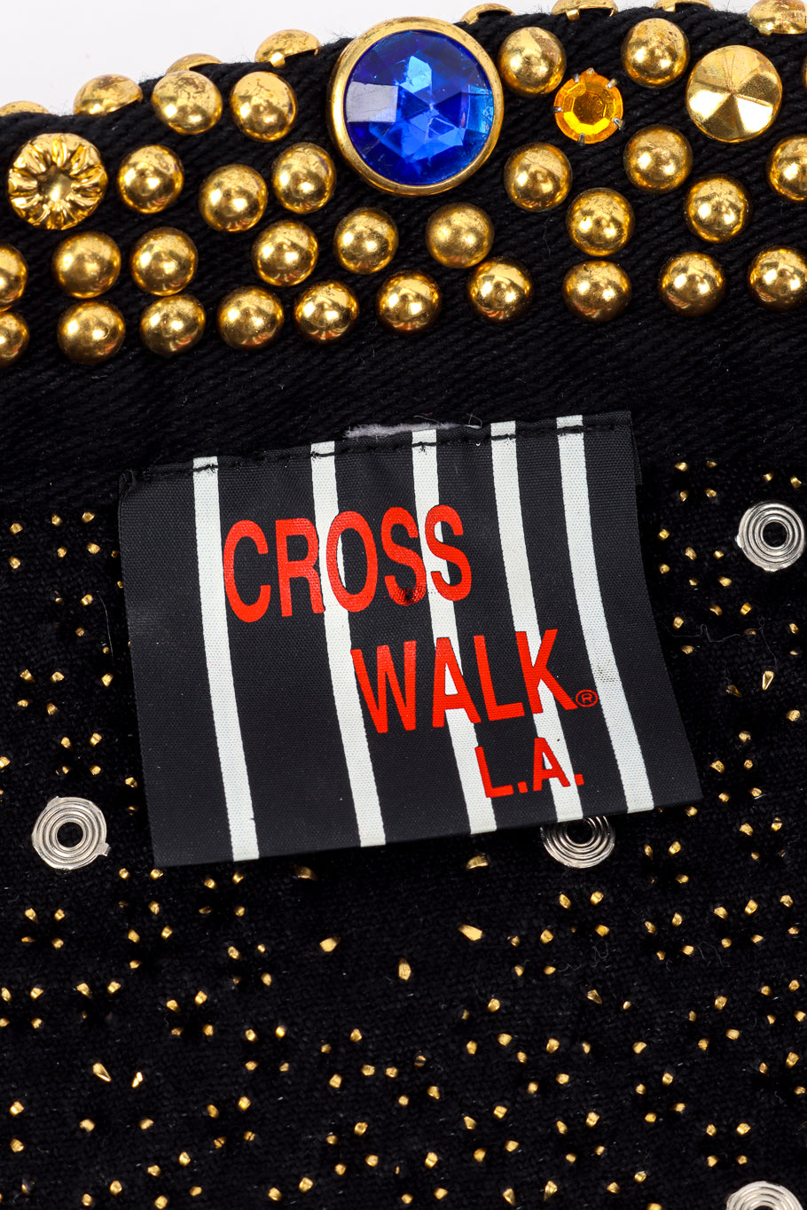 Vintage Cross Walk LA Studded Denim Jacket signature label closeup @recess la