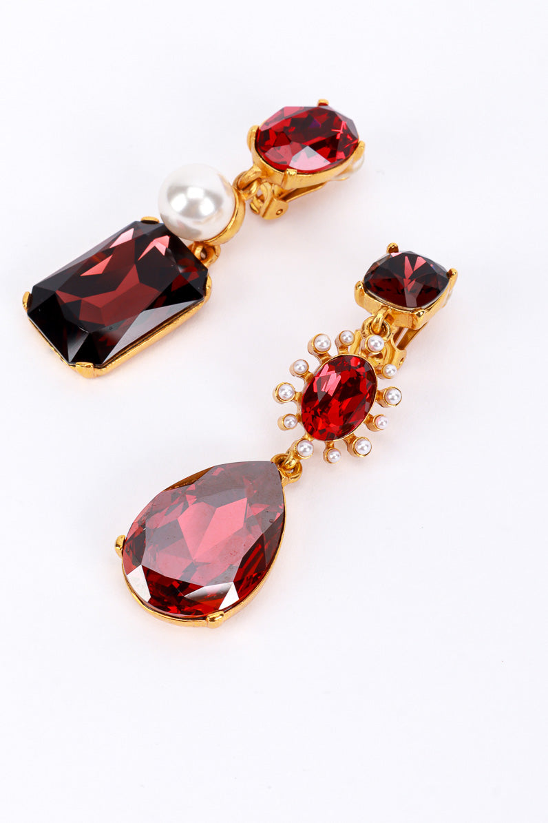 Vintage Oscar de la Renta Mismatched Reds Crystal Drop Earrings flat @RECESS LA