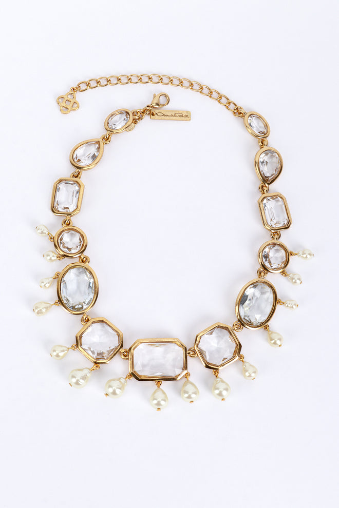 Vintage Oscar de la Renta Crystal & Pearl Bauble Necklace front @recess la
