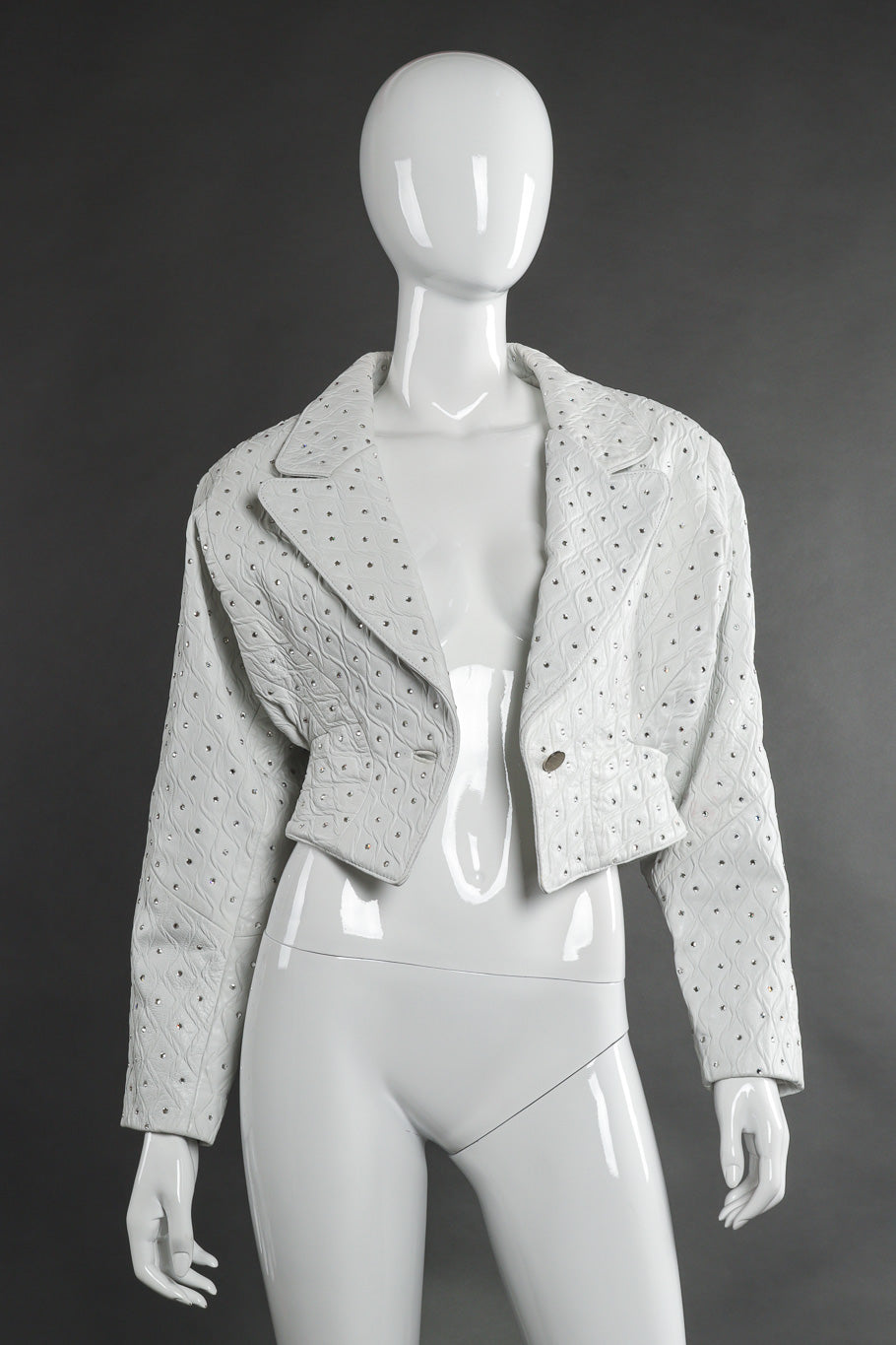 Cropped Rhinestone Embossed Leather Jacket by Dero Enterprises on mannequin jacket open @recessla
