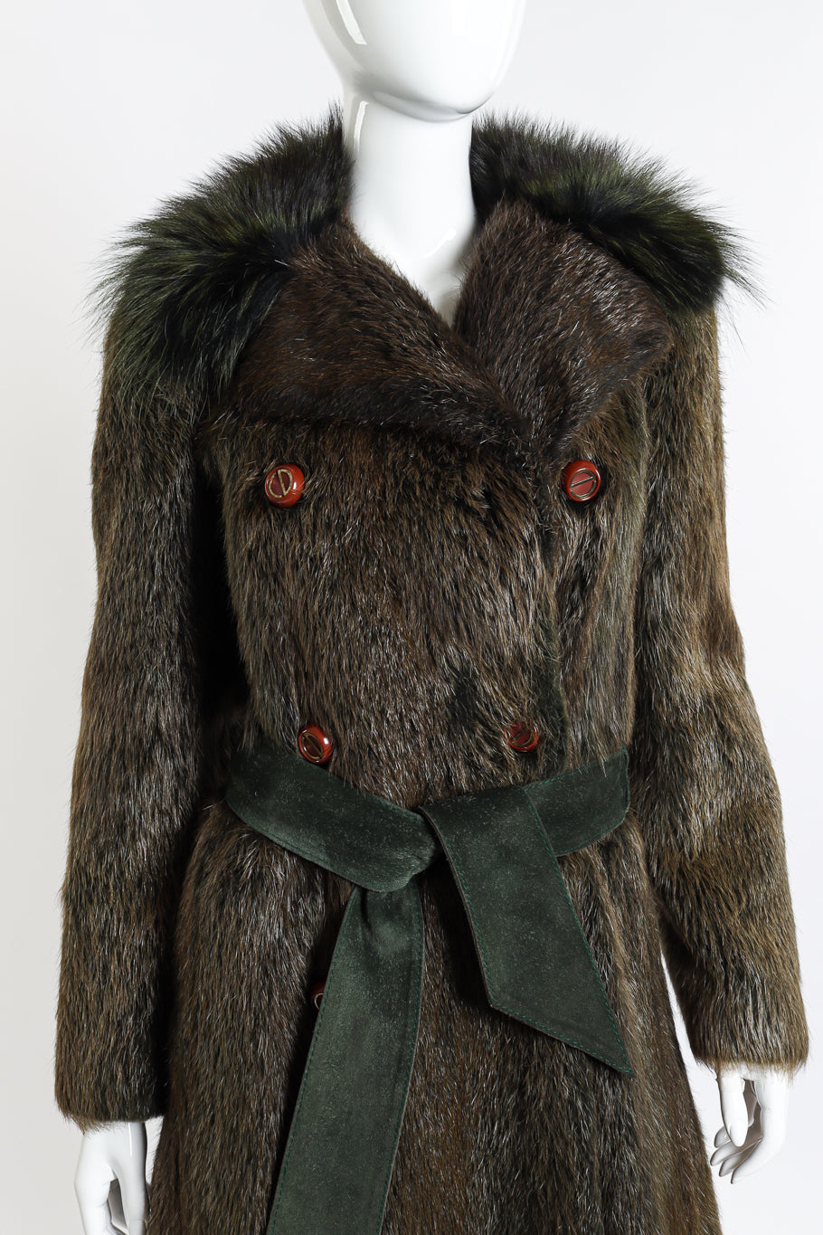 Vintage Christian Dior Long Fur Coat front on mannequin closeup @recessla