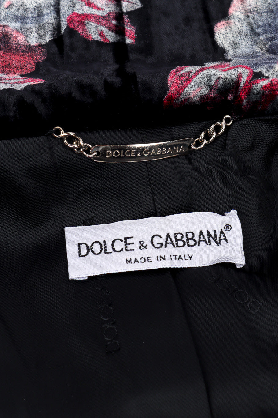 Dolce and Gabbana Floral Velvet Jacket and Pant Set signature label and chain closeup @recessla