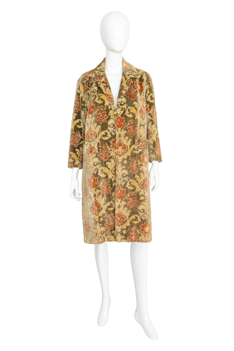 Vintage floral chenille carpet coat on mannequin @ Recess LA