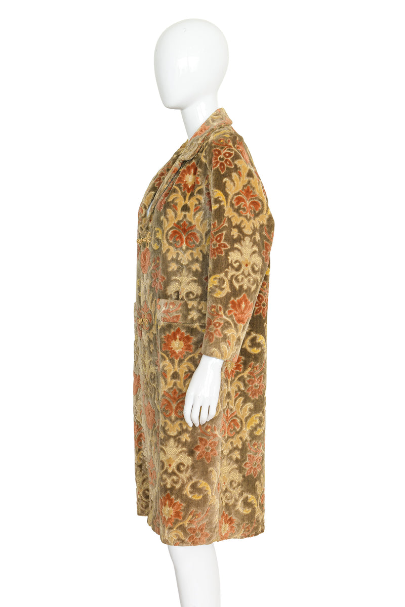 Vintage floral chenille carpet coat on mannequin side @ Recess LA