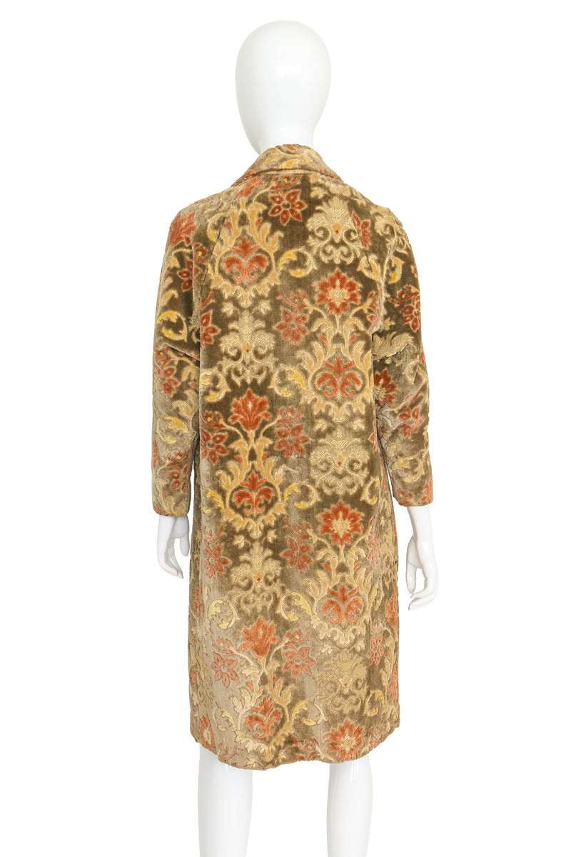 Vintage floral chenille carpet coat on mannequin back @ Recess LA