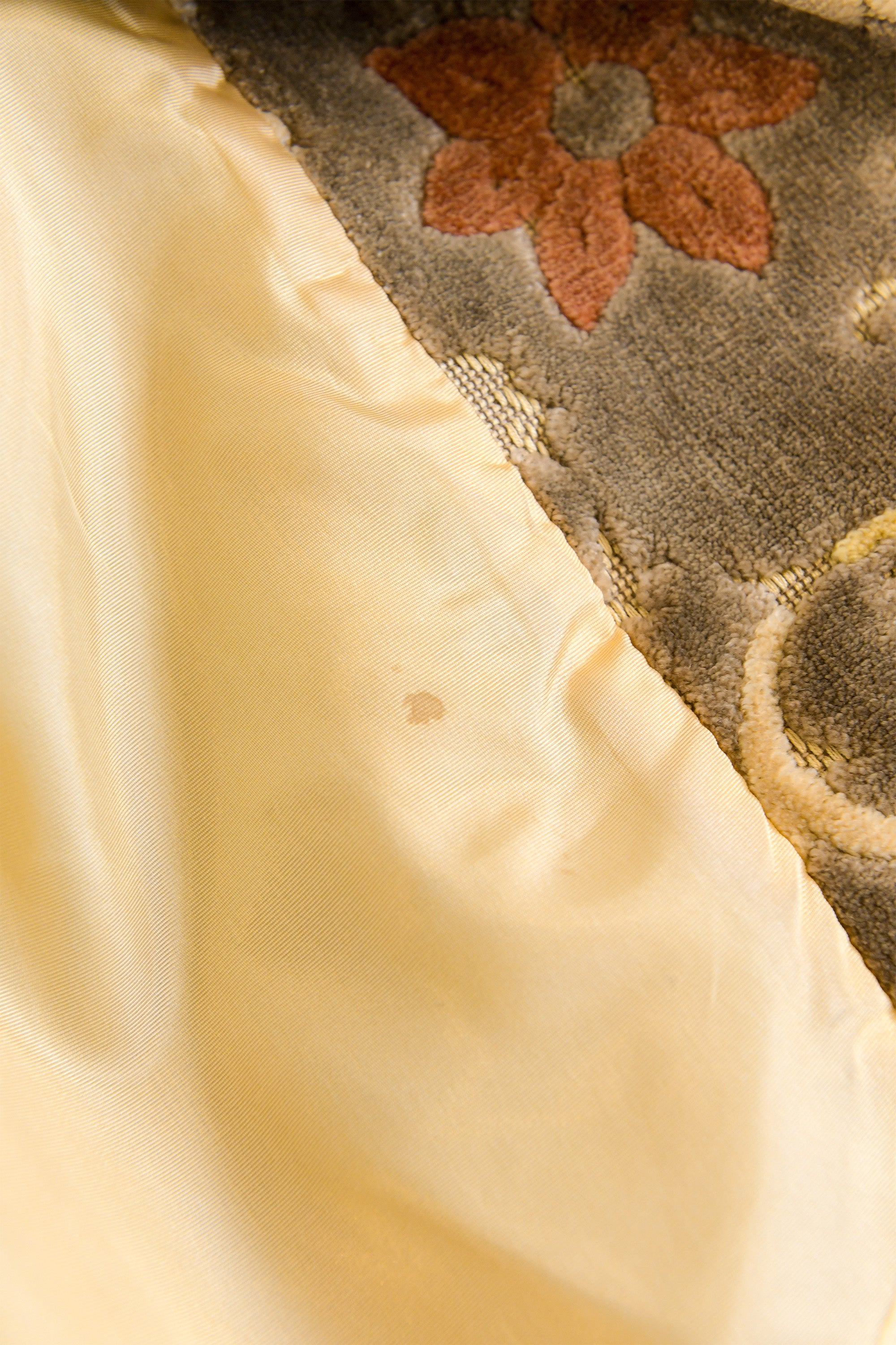 Vintage floral chenille carpet coat on lining spot @ Recess LA