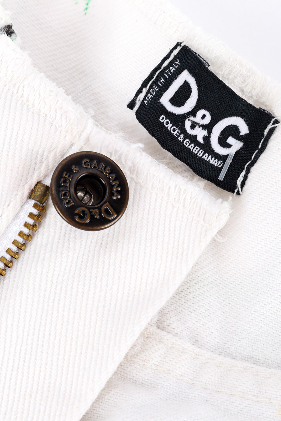 Vintage Dolce & Gabbana Make Love Painted Jeans signed button and signature label closeup @Recessla