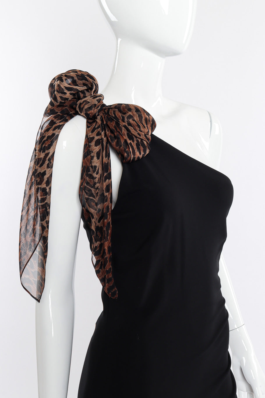 Vintage Dolce & Gabbana One Shoulder Leopard Shawl Dress front view on mannequin closeup @Recessla