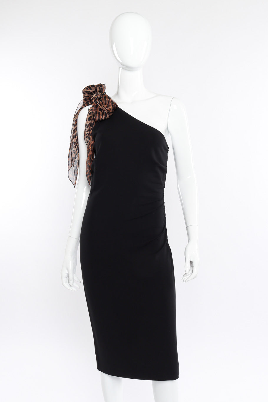 Vintage Dolce & Gabbana One Shoulder Leopard Shawl Dress front view on mannequin @Recessla