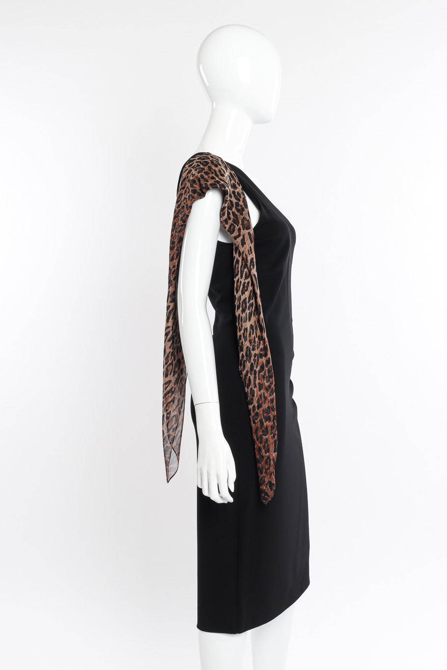 Vintage Dolce & Gabbana One Shoulder Leopard Shawl Dress side view on mannequin with shawl untied @Recessla