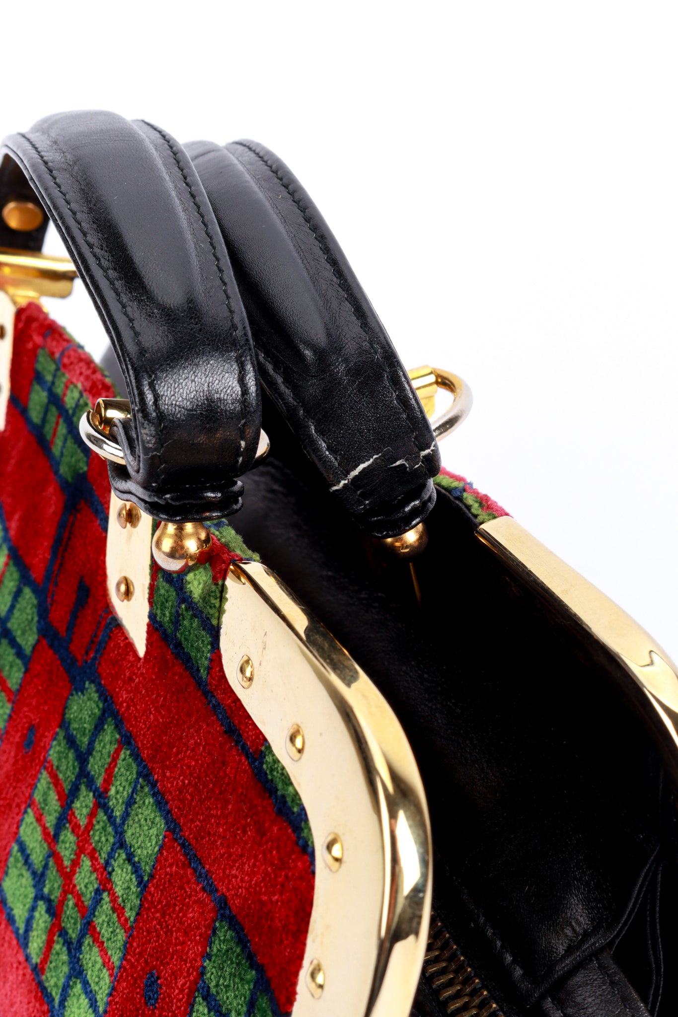 Vintage Roberta di Camerino Buckle Plaid Velvet Handbag handle wear closeup @recess la