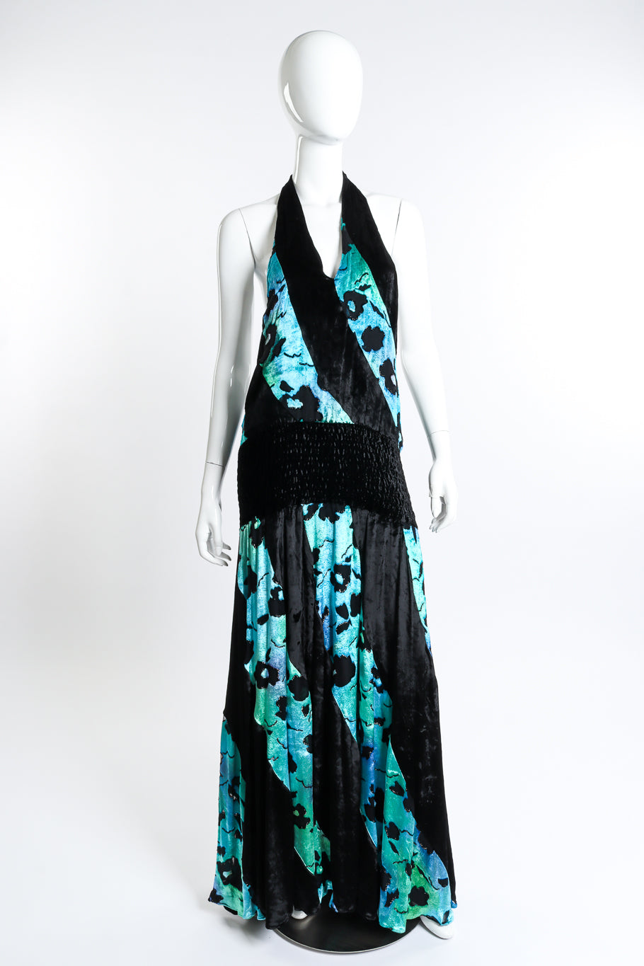 Vintage Diane Freis Shirred Velvet Burnout Halter Dress front on mannequin @recess la