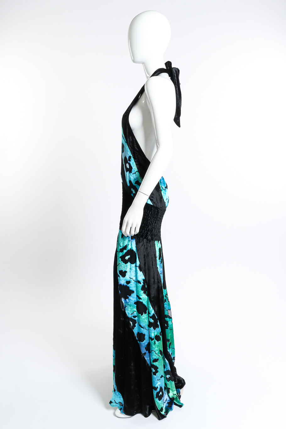 Vintage Diane Freis Shirred Velvet Burnout Halter Dress side on mannequin @recess la