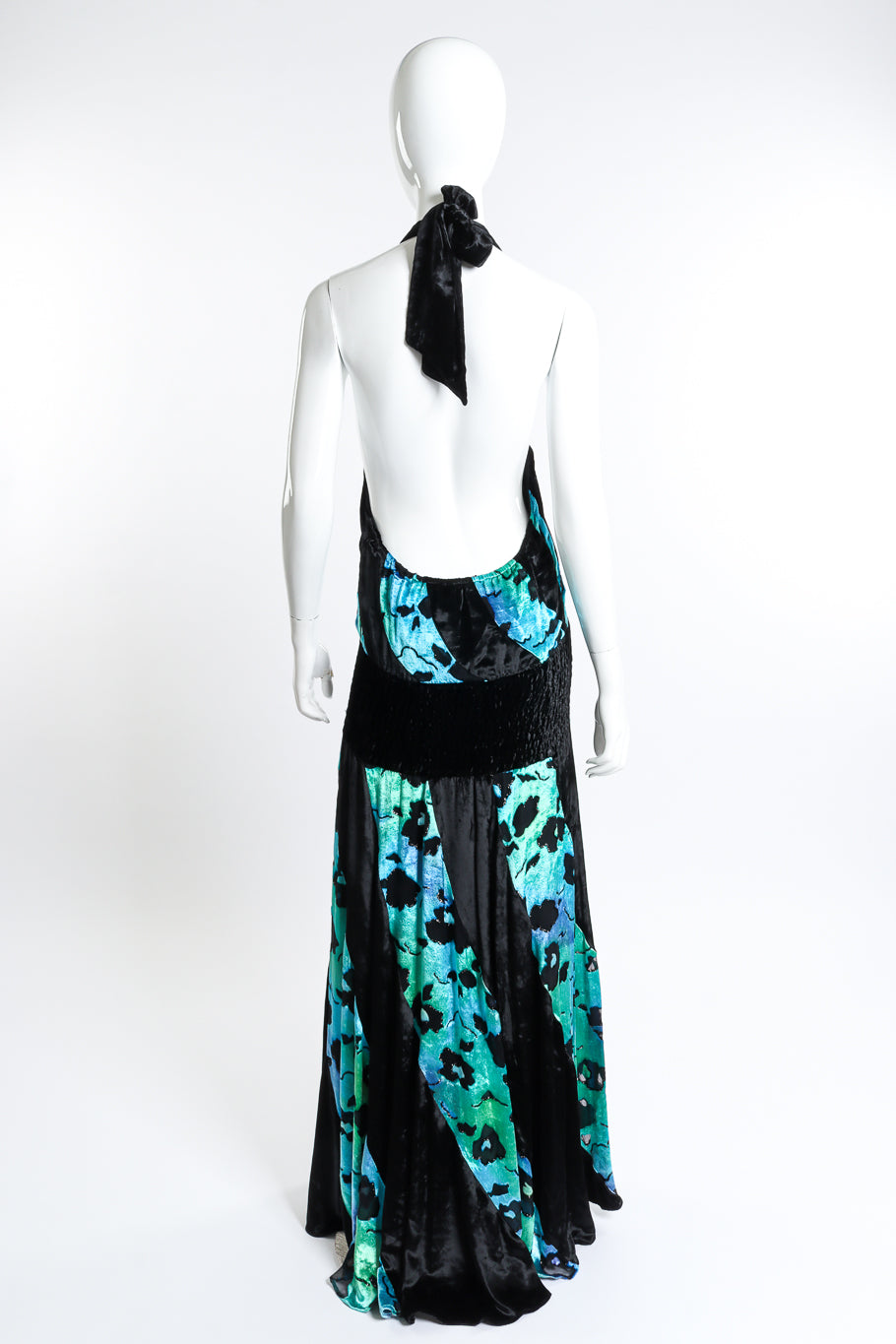 Vintage Diane Freis Shirred Velvet Burnout Halter Dress back on mannequin @recess la