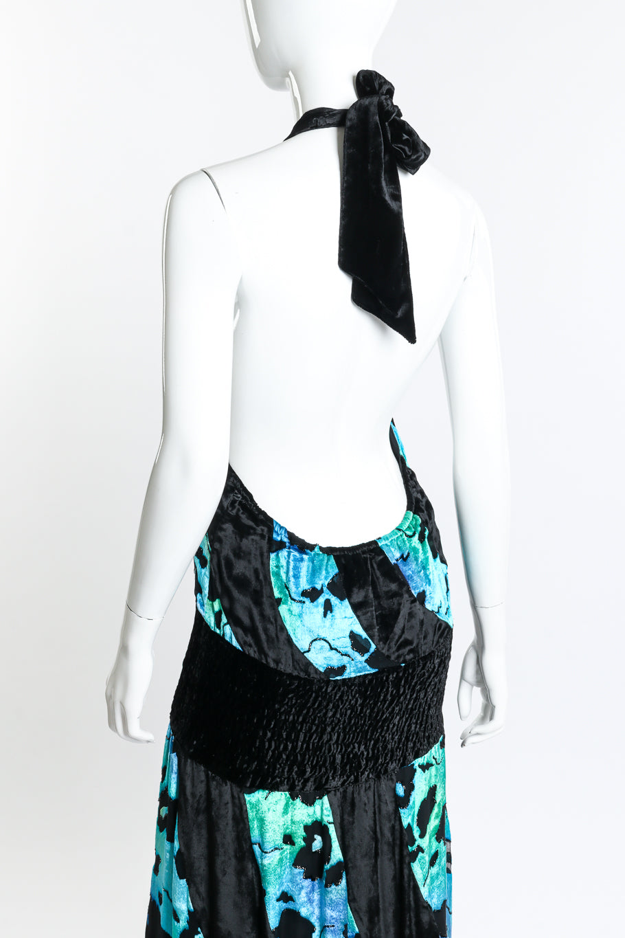 Vintage Diane Freis Shirred Velvet Burnout Halter Dress back on mannequin closeup @recess la