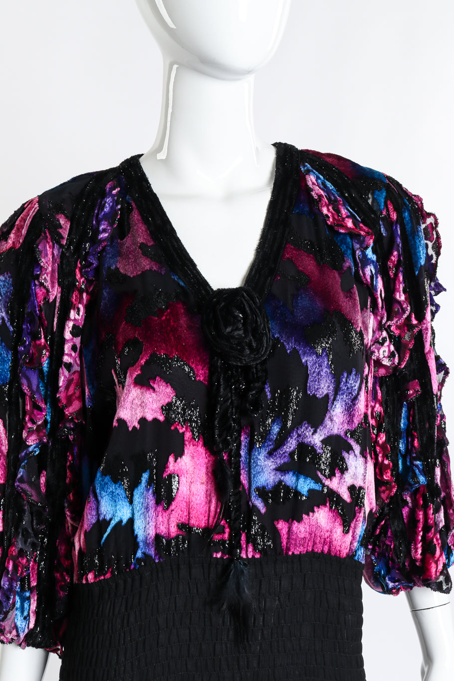 Vintage Diane Freis Shirred Velvet Burnout Dress front on mannequin closeup @recess la