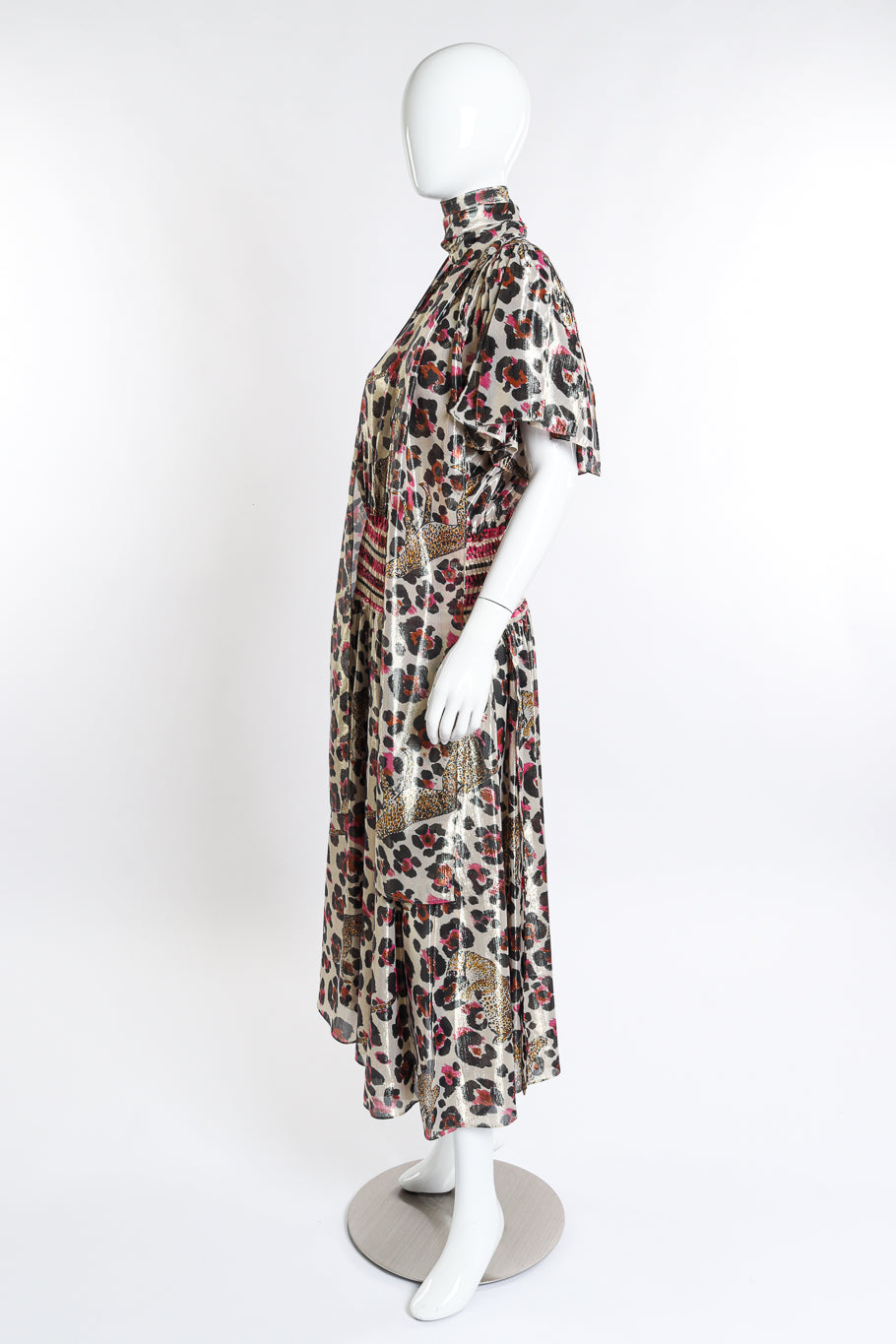 Vintage Diane Freis Metallic Animal Cheetah Dress side on mannequin with sash tied at neck @recess la