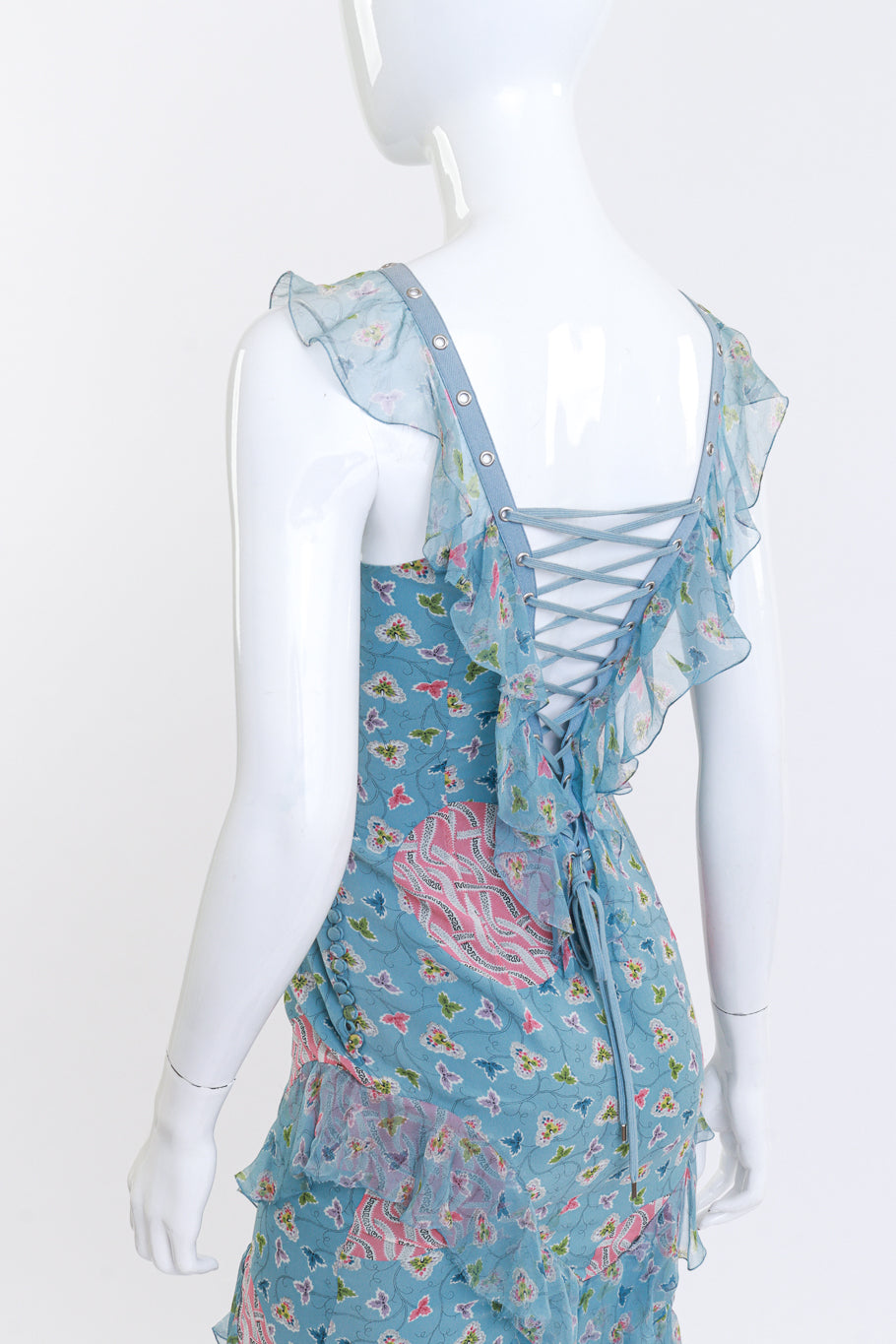 Christian Dior Floral Ruffle Lace-Up Dress back on mannequin closeup @recess la