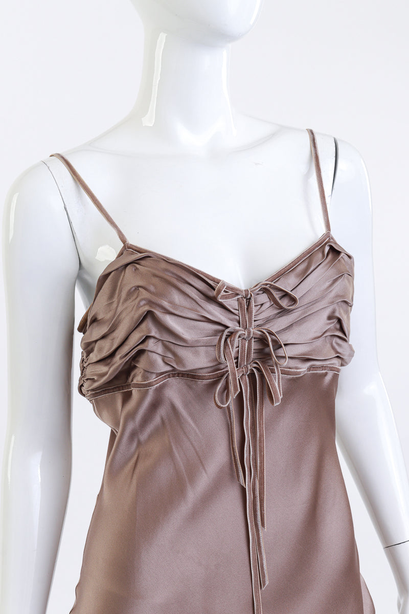 Vintage Christian Dior Ruched Strappy Bow Dress front on mannequin closeup @recess la