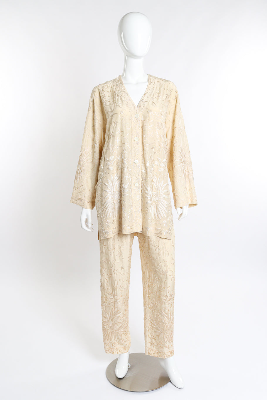 Vintage Donna Karan Embroidered Top & Pant Set front on mannequin @recess la
