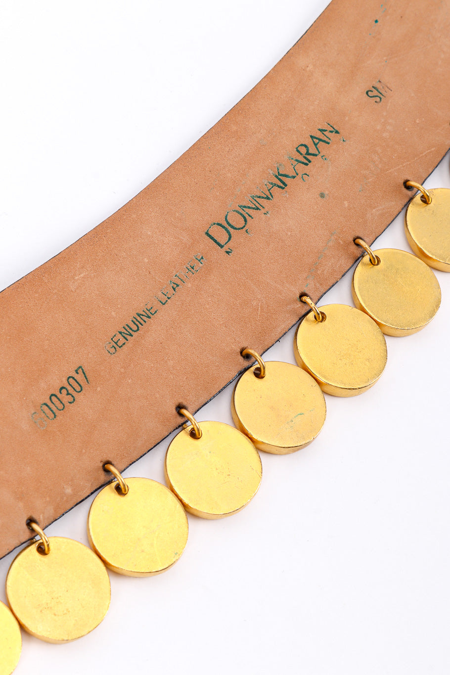 Vintage Donna Karan Coin Fringe Leather Belt signature closeup @recessla