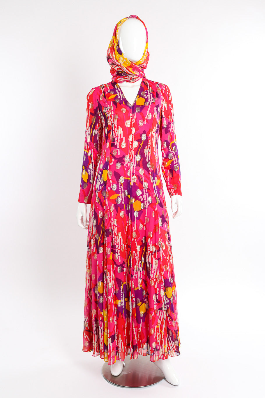 Vintage Doreen Loh Abstract Floral Print Maxi Dress front view on mannequin with sash around head @Recessla